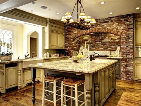 Mediterranean Style Kitchen With Brick Wall Above Oven And Granite