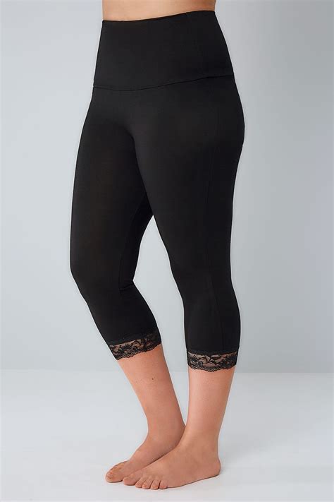 Black Tummy Control Cropped Leggings With Lace Trim Plus Size 14 1618