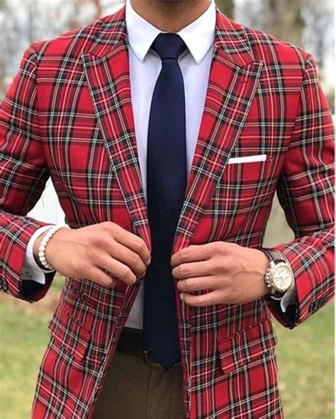 Peak Lapel Slim Fit Checked Pattern Plaid Red Suits Jackes For Men With