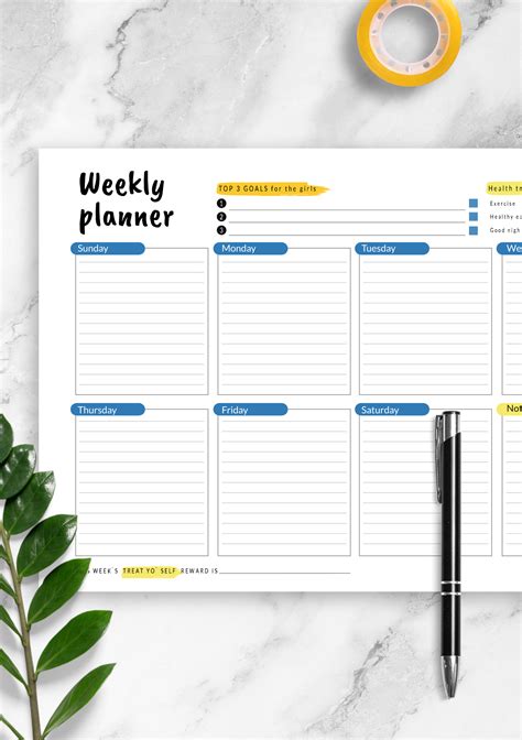 Download Printable Horizontal Weekly Time Planner Template Pdf