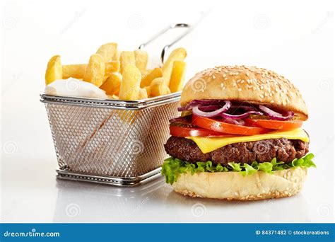 Cheeseburger With Basket Of French Fries Stock Photo Image Of Potato