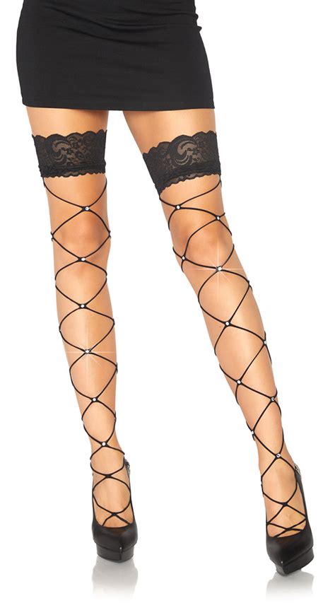 Crystallized Wide Net Lace Top Thigh Highs Black Fishnet Thigh Highs Yandy Com