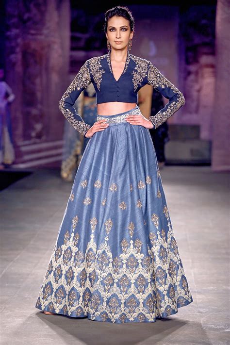 Powder Blue Lehenga Skirt With Navy Blue Embroidered Blouse Panache