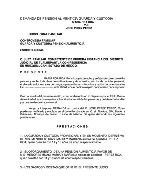 Escrito De Demanda De Juicio Ordinario Civil Guarda Y Custodia Y My