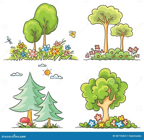 Set Of Cartoon Trees Bushes And Leaves Vector Illustration