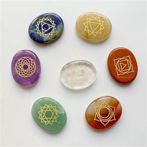 Meet Jo Engraved 7 Chakras Stones Symbols Set Reiki Healing Palm Stones