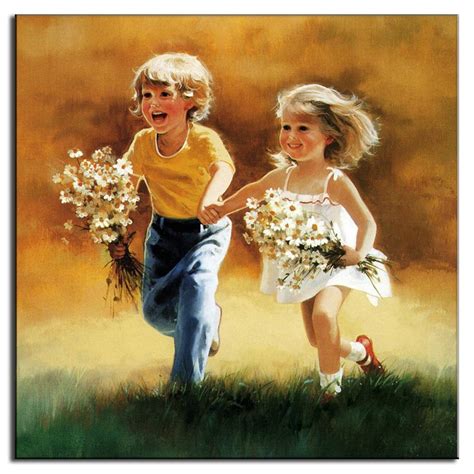Figure Painting Little Boy And Girl Holding Flowers In Hand Oil