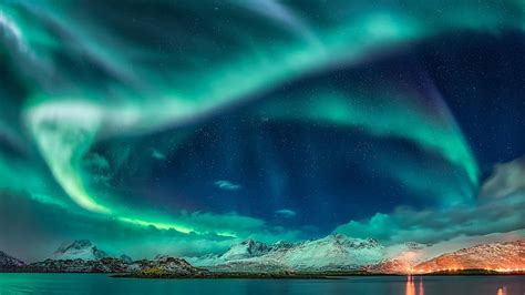Hd Wallpaper Northern Lights Stars Starry Night Fjord Night Lights