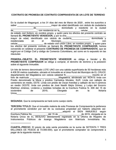 Contrato De Promesa De Compraventa De Inmueble Formato Word