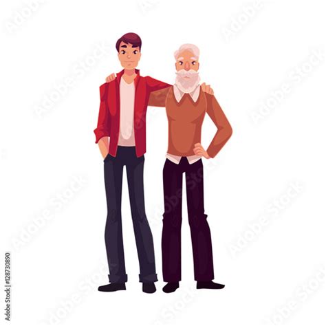 Handsome Grandson Hugging With His Granddad Cartoon Vector Illustration Isolated On White