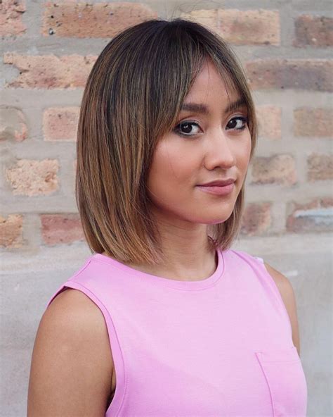 Straight Classic Lob With Curtain Bangs And Bronde Hair Color With