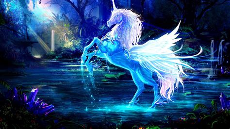 Blue Unicorn With Wings In Forest Background Hd Unicorn Wallpapers Hd