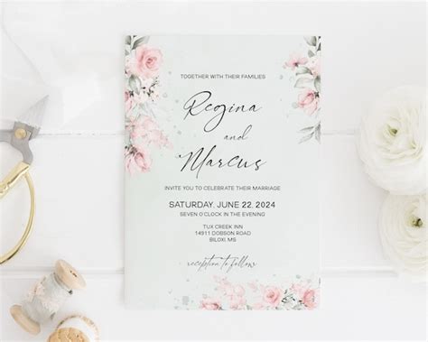 Pink Floral Wedding Invitation Blush Pink Roses Wedding Invitation