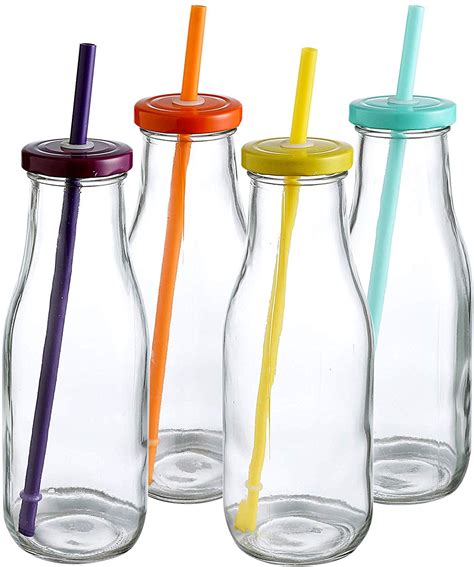 14 Oz Glass Milk Bottles With Colorful Metal Twist Lids And Straws Bpa