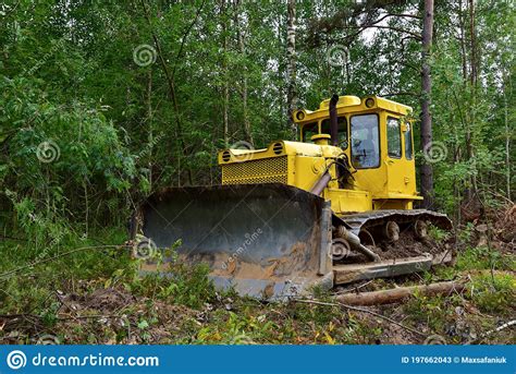 Dozer During Clearing Forest For Construction New Road Yellow