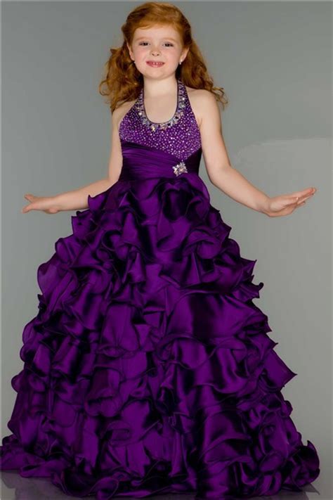 Fantasy Ball Halter Purple Ruffle Beaded Little Girl Pageant Dance Prom
