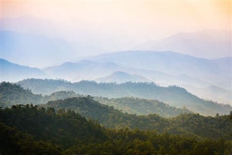View Of Morning Mist At Tropical Mountain Range Stock Photo Image Of