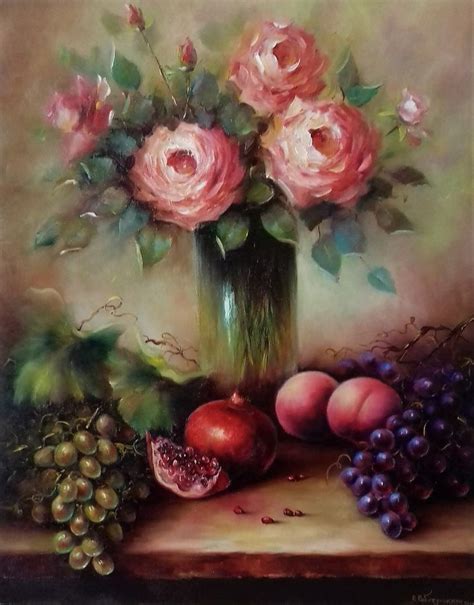 A Painting Of Roses Grapes And Peaches In A Glass Vase On A Table