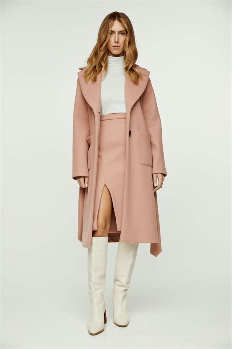 Long Salmon Colour Faux Mouflon Coat With Belt