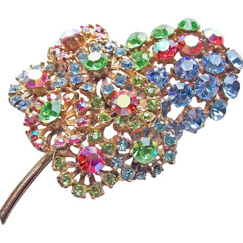 Gorgeous Multi Color Rhinestone Vintage Brooch Pink Aurora Green From
