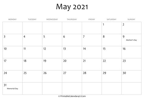 May 2021 Editable Calendar With Holidays