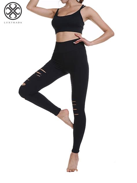 Luxtrada Womens High Waist Yoga Pants Cutout Ripped Tummy Control