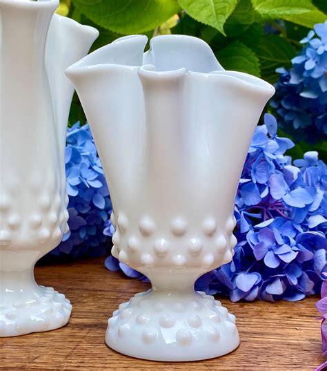Small Hobnail Milk Glass Fenton Swung Handkerchief Vase Footed Etsy