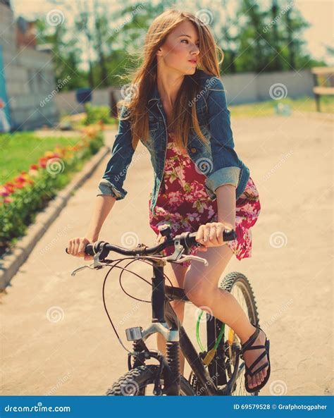 Girl Riding A Bike Stock Photo Image Of Relax Pretty 69579528