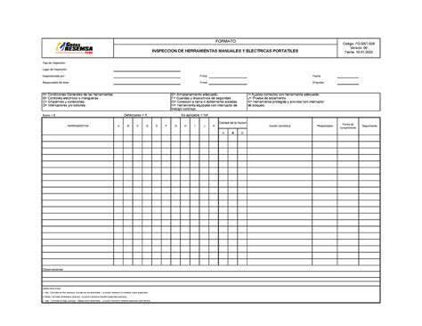 Formato De Inspeccion De Herramientas De Poder Y Manuales Ingeniería