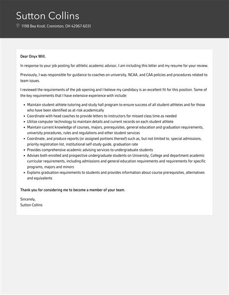 Athletic Academic Advisor Cover Letter Velvet Jobs