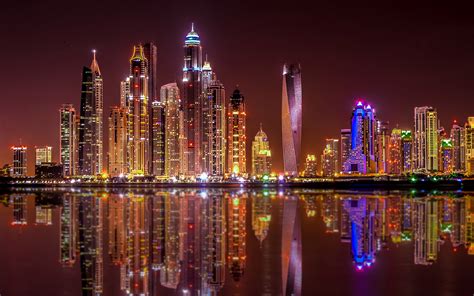 Gold Reflection Dubai Modern Buildings On The Marina Bay Area Of Dubai