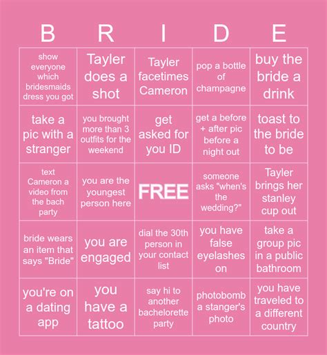 Bachelorette Bingo Card