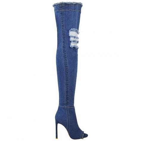 Mid Blue Denim Thigh High Peep Toe Stiletto High Heel Boots