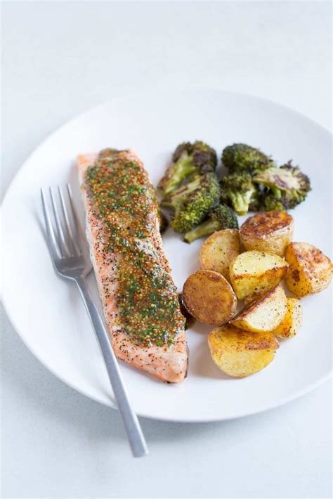 Use organic salmon whenever possible. Baked Salmon with Broccoli, Potatoes and Mustard-Chive ...