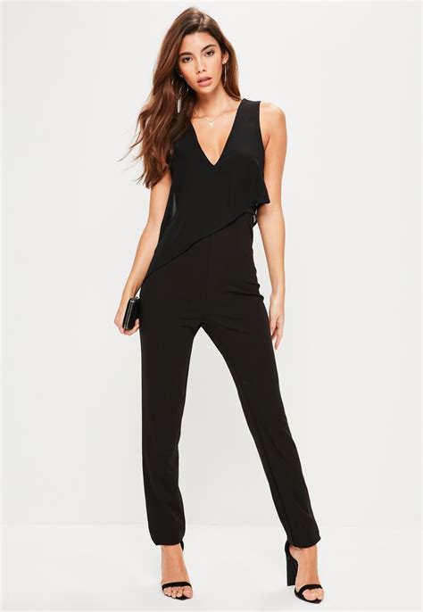 Tall Black Asymmetric Double Layer Plunge Jumpsuit Missguided