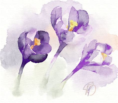 Watercolor Painting Of Purple Flowers On White Paper