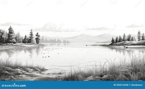 Detailed Black And White Lake Scene Illustration Uhd Vector Art Stock