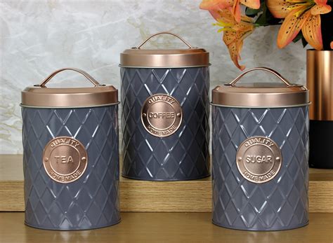 Set Of 3 Copper Grey Tea Coffee Sugar Canisters Kitchen Storage Tin