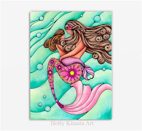 Mermaid Mom And Daughter Baby Little Girl Print Painting Illustration