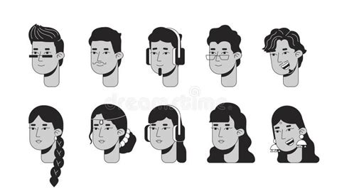 Indian Modern Black And White 2d Line Cartoon Character Faces Set Stock