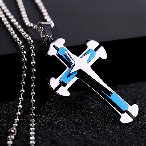Mimeng Titanium Jewelry Titanium Necklace For Men Classic Cross Blue