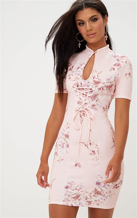 Pink Floral Lace Up Bodycon Dress Dresses Prettylittlething Ca