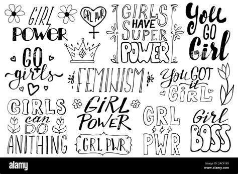 Girl Slogan Set Grl Pwr Hand Drawn Lettering Womens Right Quotes Female Feminism Symbols