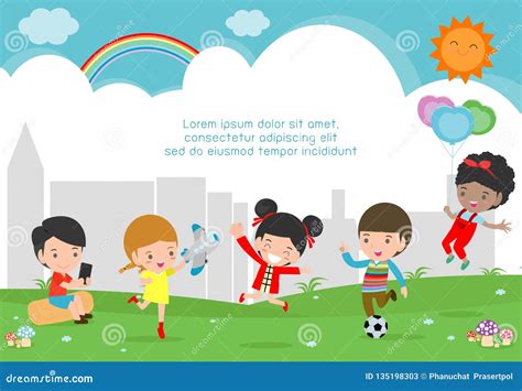 Vector Illustration Of Kids Playing Outside Happy Children Playing