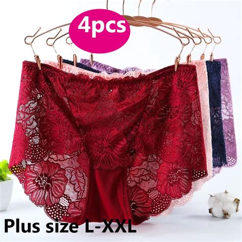 4pcspack Plus Size Women Lace Panties High Waist Underwear Soft Lace