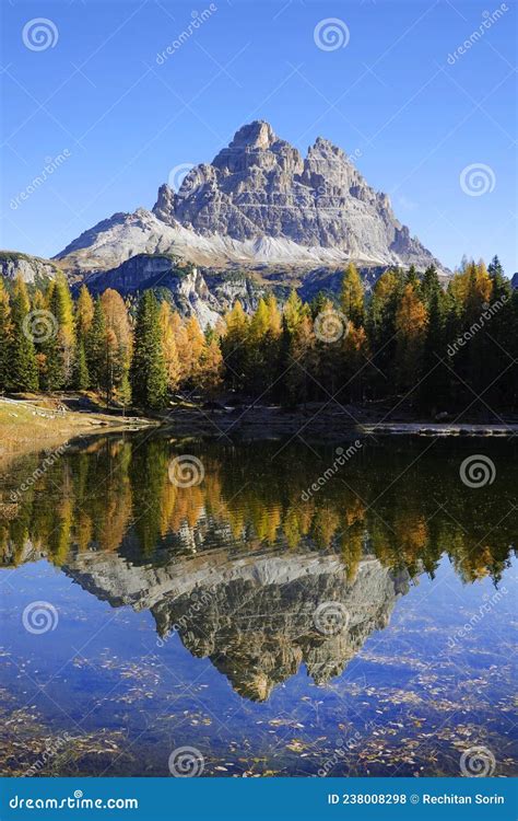 Spectacular Morning Autumn Landscape Mountain Lake And Yellow Larches