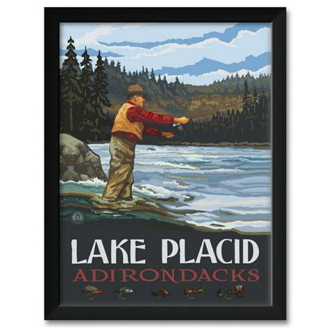 Lake Placid Adirondacks New York Fly Fisherman Stream Hills Framed Art