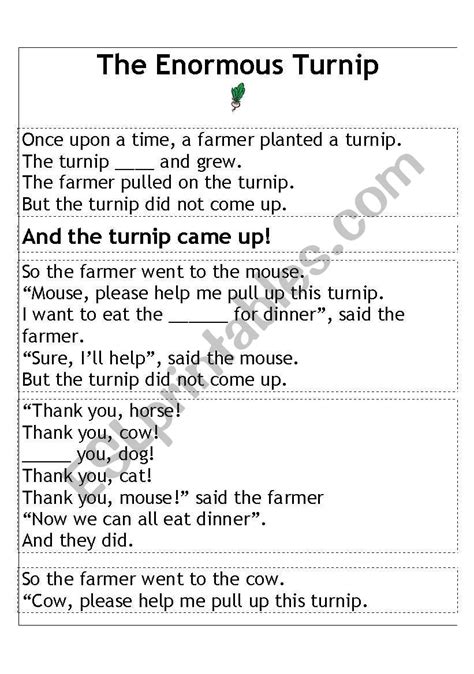 English Worksheets The Enormous Turnip Paragraph Sequence