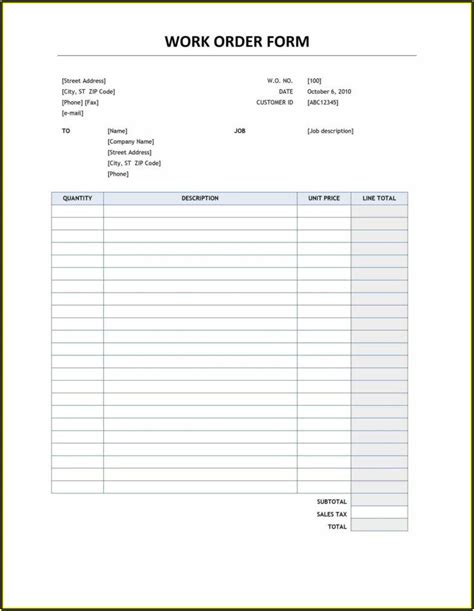 Mechanic Work Order Template Pdf