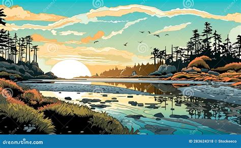 Pacific Northwest Coastal Scenes Graphic Illustrations And